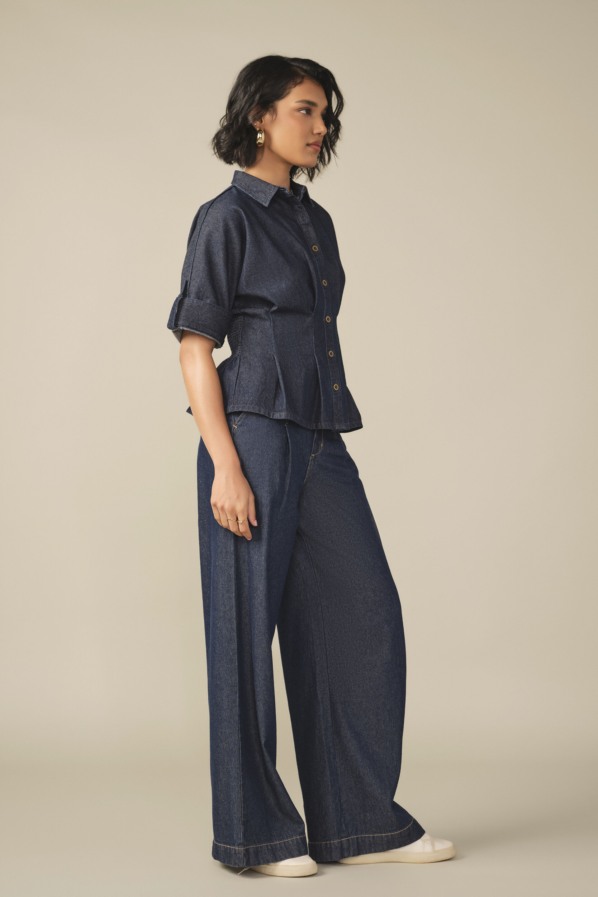 Roll-Up Sleeves Top in Denim Blue, Blue, image 4